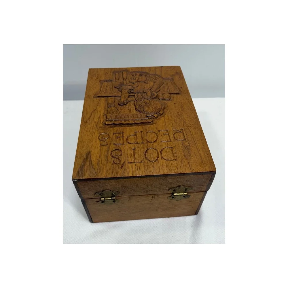 Vintage Hand Carved Wooden Recipe Box Dots Recipes Rustic Kitchen Decor Brown